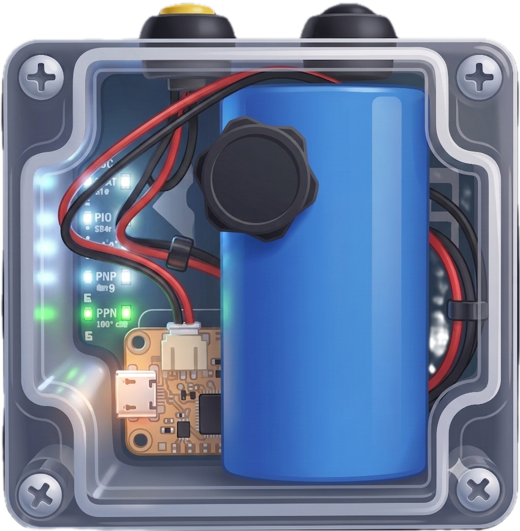 The BluCloud cellular liquid level sensor, open enclosure showing the battery and circuit board