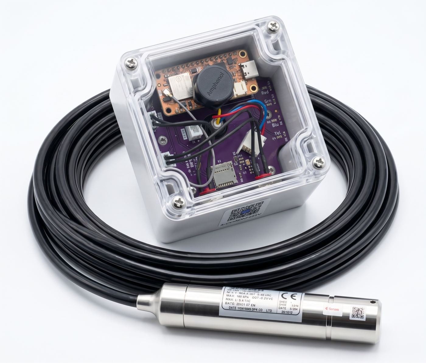 BluCloud cellular unit with a submersible level probe on a coiled cable